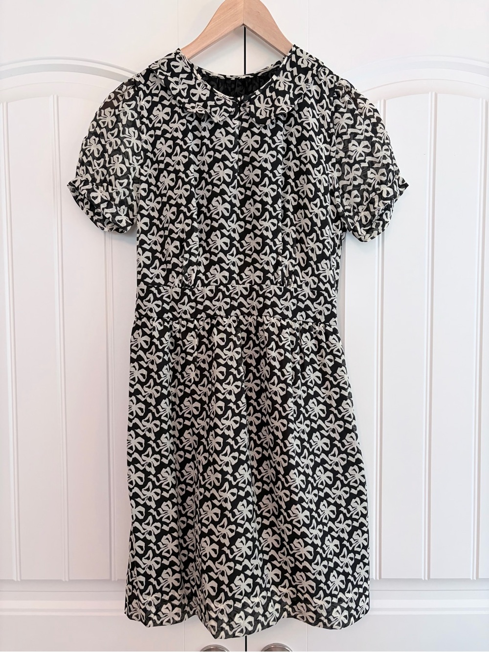 J.Crew NWT Bow Print Dress Women's Sz 2 Black White Peter Pan Collar‎ 100% Silk